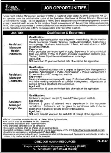 Punjab health initiative management company Jobs 2026