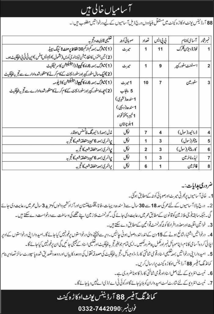 88 ordnance unit , Okara cantonment  Jobs 2026