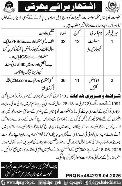 Government of Balochistan , communications and construction Jobs 2026