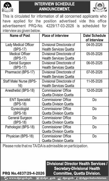 Secretary divisional health committee , Quetta division Jobs 2026