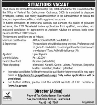 The federal tax ombudsman secretariat Jobs 2026