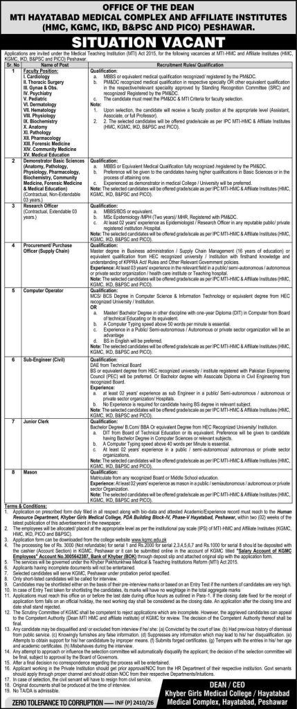Khyber Girls medical college Hayatabad Medical complex , Peshawar Jobs 2026