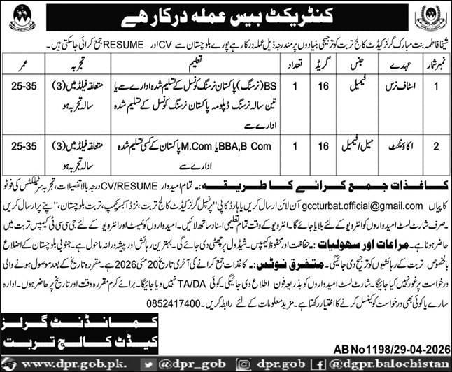 Sheikh Fatima bint Mubarak girls cadet college turbat Jobs 2026