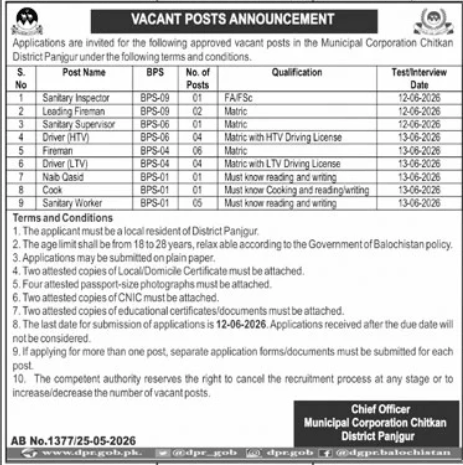 Municipal corporation chitkan district panjgaur Jobs 2026