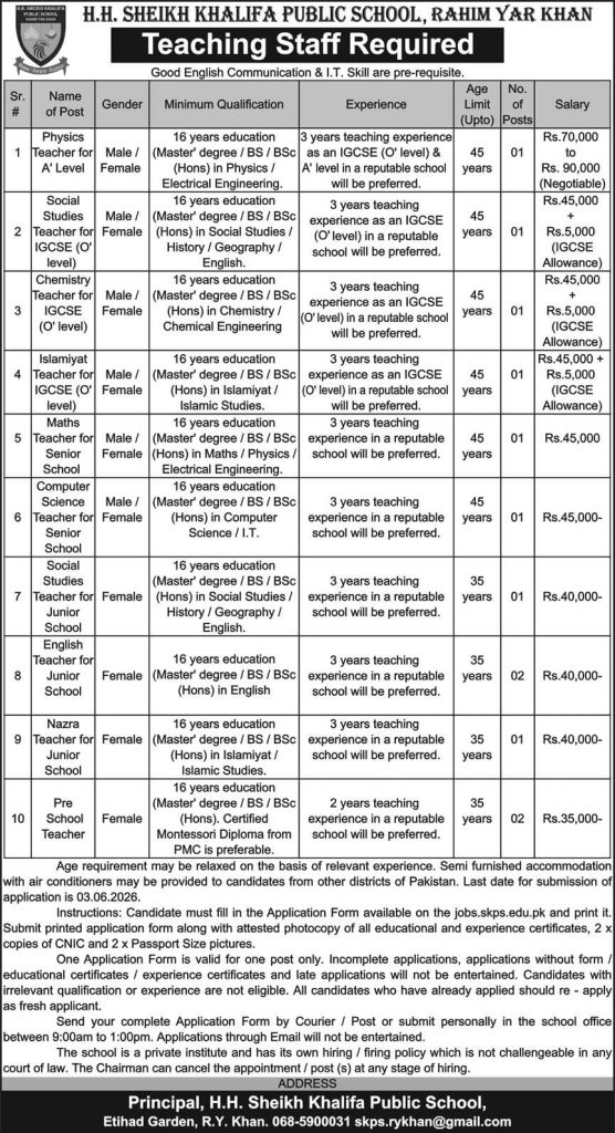 H.H sheikh Khalifa Public School , Rahim Yar Khan Jobs 2026