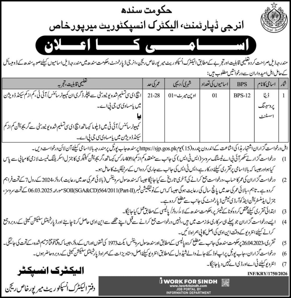 Energy department , Electric inspectorate , Mirpur Khas Jobs 2026