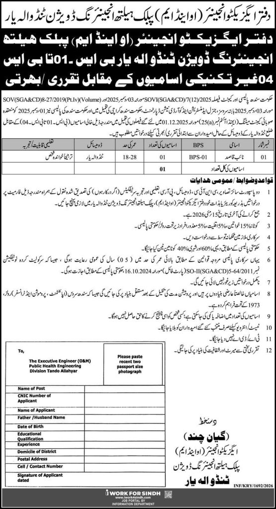 Office of Executive engineer public health engineering division Tando Allahyar Jobs 2026