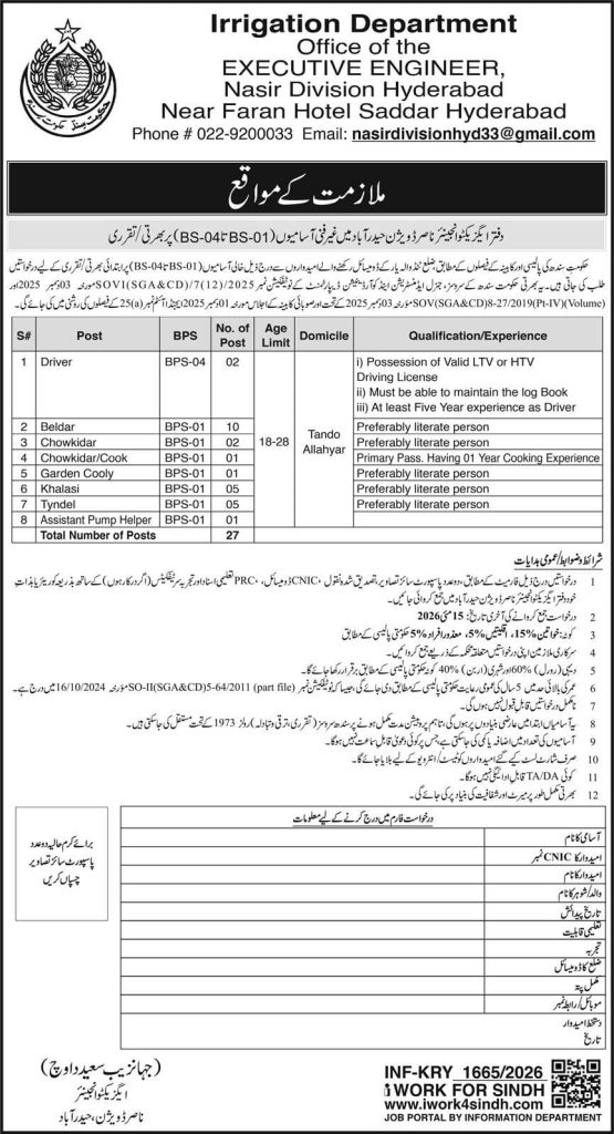 Irrigation department executive engineer nasir division Hyderabad Jobs 2026