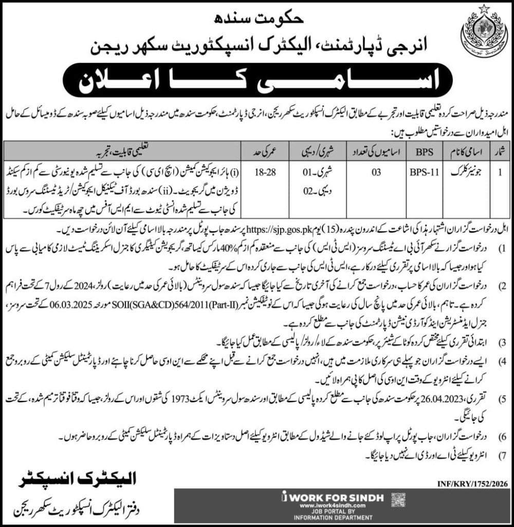 Energy department , Electric inspectorate , Sukkur region Jobs 2026
