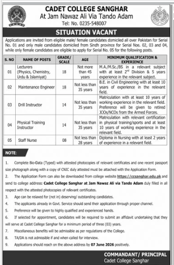 Cadet college Sanghar Jobs 2026