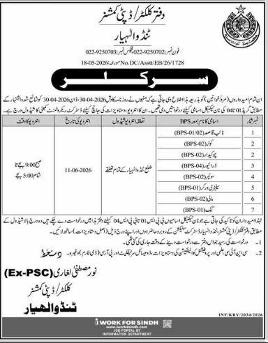 Office of the collector / deputy commissioner Tando Allahyar Jobs 2026