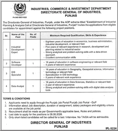 Industries , commerce and investment department directorate general of industries Punjab Jobs 2026