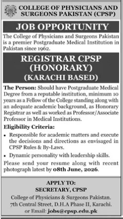 College of physicians and surgeons Pakistan Jobs 2026