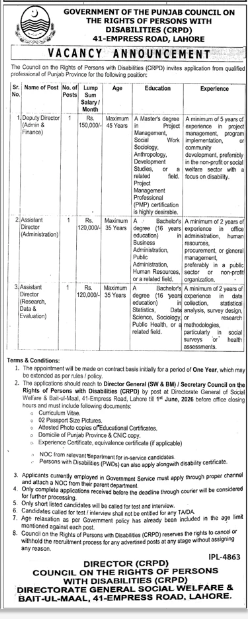 Government of the Punjab Council on the Rights of Persons with Disabilities Jobs 2026