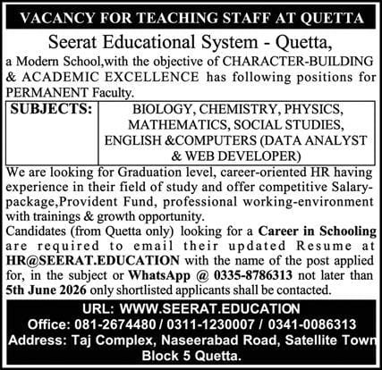 Seerat educational system –Quetta Jobs 2026