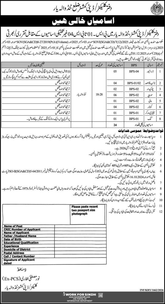 office of collector , deputy commissioner division Tando Allahyar Jobs 2026