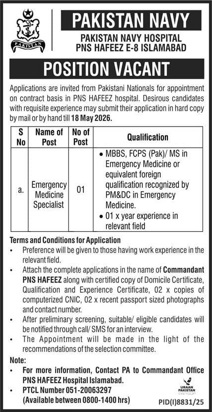 Pakistan Navy hospital Islamabad Jobs 2026