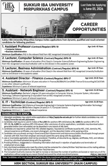 Sukkur IBA university Mirpurkhas campus Jobs 2026