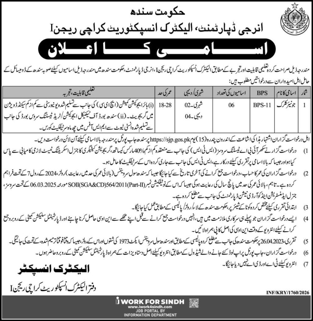 Energy department , Electric inspectorate , Karachi region I Jobs 2026
