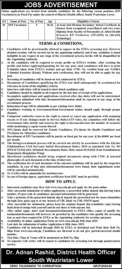 District health officer , South Waziristan lower Jobs 2026