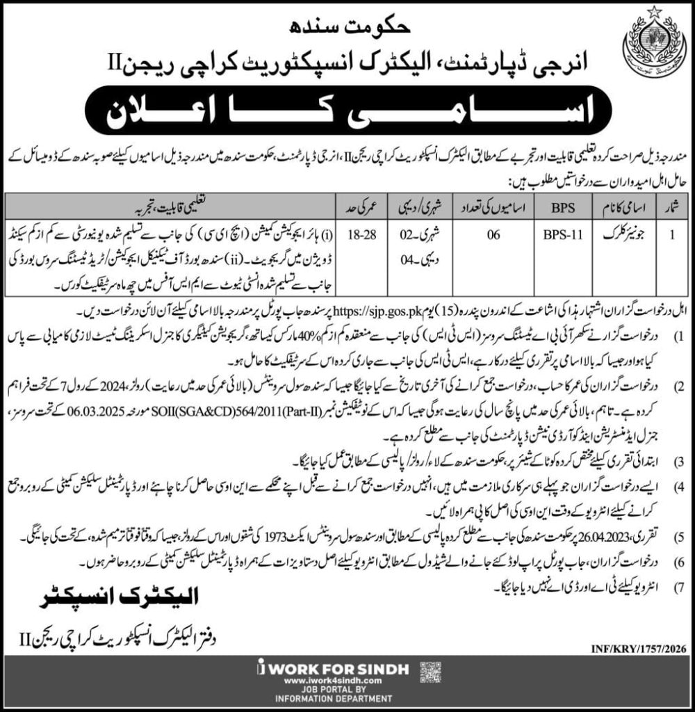 Energy department , Electric inspectorate , Karachi region II Jobs 2026