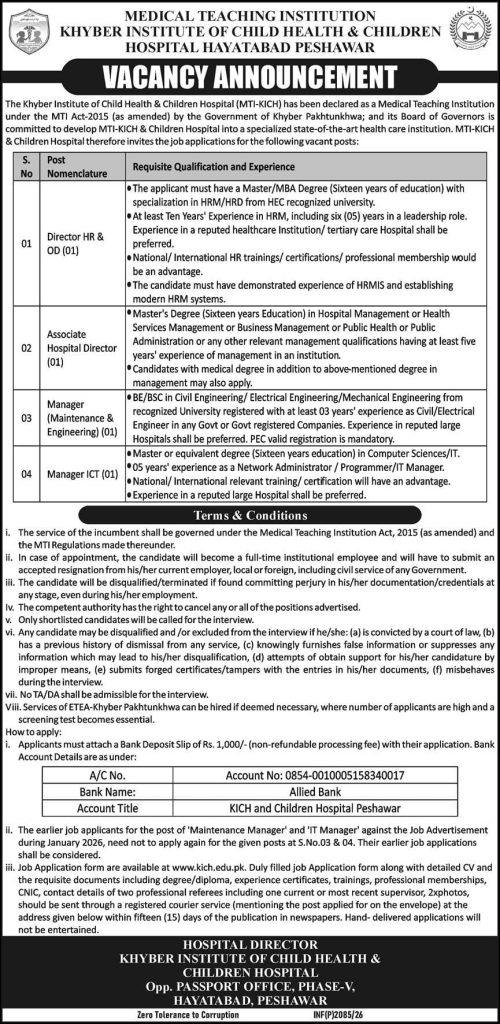 The Khyber institute of child health ,and children hospital Jobs 2026