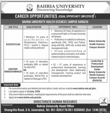 BAHRIA  university Jobs 2026