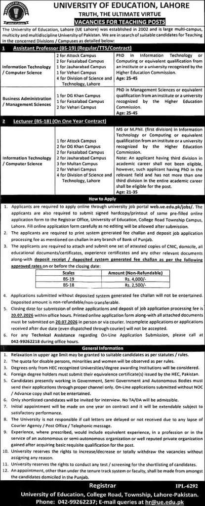 University of Education , Lahore Jobs 2026