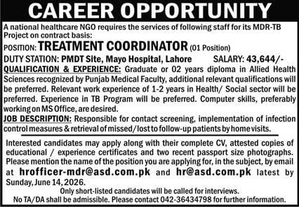 PMDT Site, Mayo Hospital , Lahore Jobs 2026
