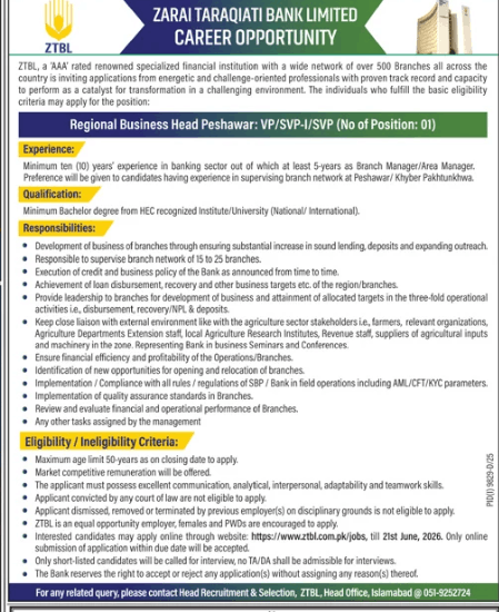 Zarai Taraqiati Bank Limited Jobs 2026