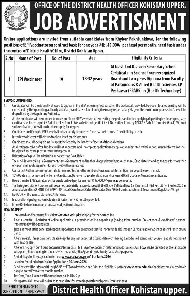 District Health office , District Kohistan Upper Jobs 2026