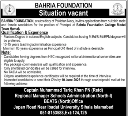 Bahria Foundation College Model Town Humak Jobs 2026