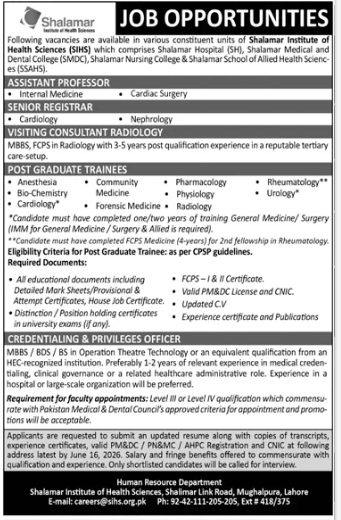 Shalamar Institute of Health Sciences Jobs 2026