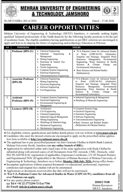 Mehran University of Engineering and Technology , jamshoro Jobs 2026