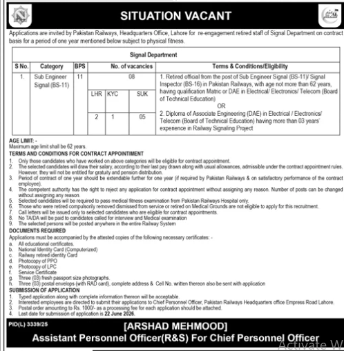 Pakistan Railways , HeadQuarter Office Lahore Jobs 2026