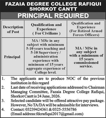 Fazaia Degree College Rafiqui  Shorkot Cantt Jobs 2026