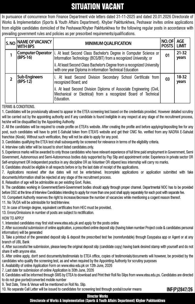 Directorate of Works and Implementation (Sports and Youth Affairs Department ) Jobs 2026
