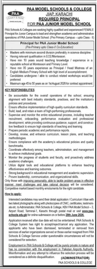 PAA Model Schools and College JIAP , Karachi Jobs 2026