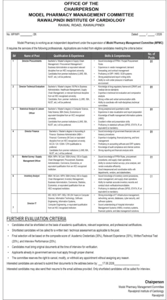 Model pharmacy Management Committee Rawalpindi Institute of Cardiology Jobs 2026