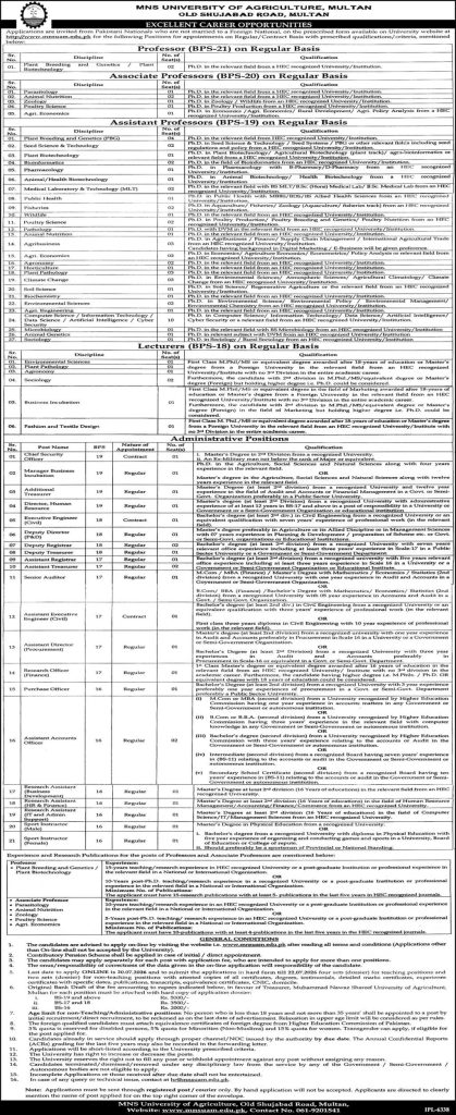 MNS University of  Agriculture , Multan Jobs 2026