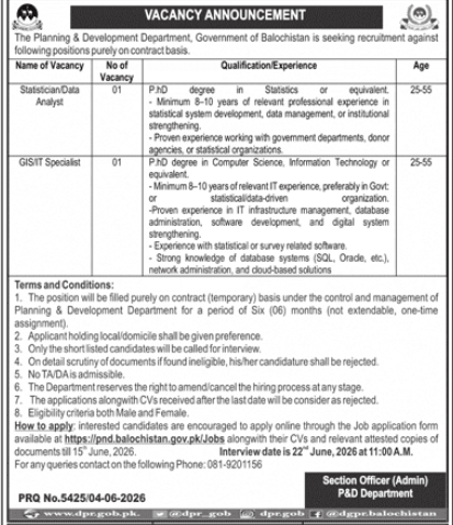 The Planning and Development Department , Government of Balochistan Jobs 2026