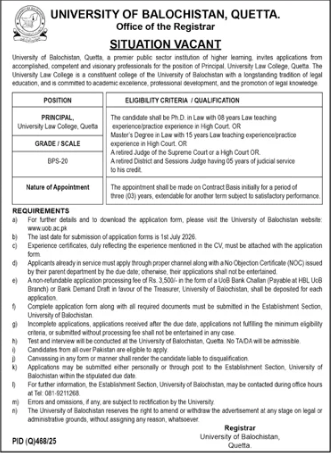 University of Balochistan , Quetta Jobs 2026