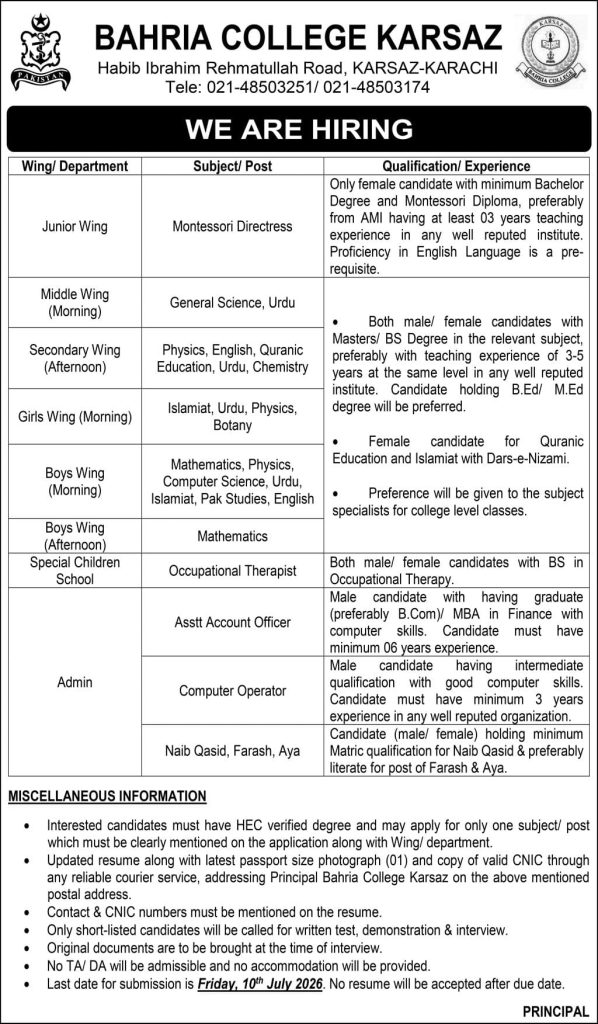 Bahria College Karsaz Jobs 2026