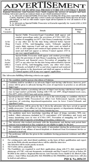 Regional Directorate Anti – Narcotics Force Sindh Jobs 2026