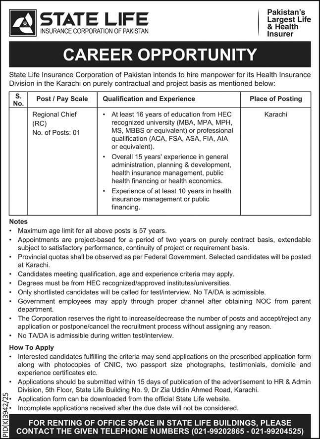 State Life Insurance Corporation of Pakistan Jobs 2026