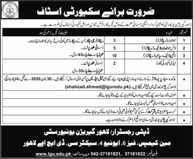 Lahore Garrison University Jobs 2026