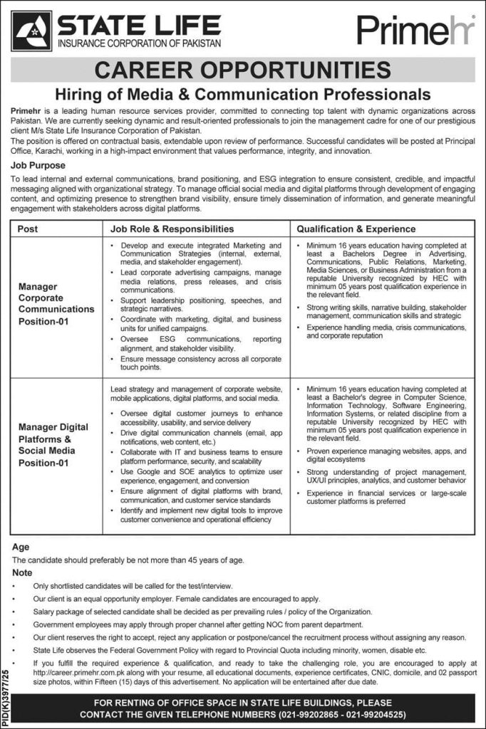 State Life Insurance Corporation of Pakistan Jobs 2026