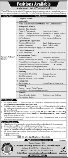 COMSATS University Islamabad , Lahore Campus Jobs 2026