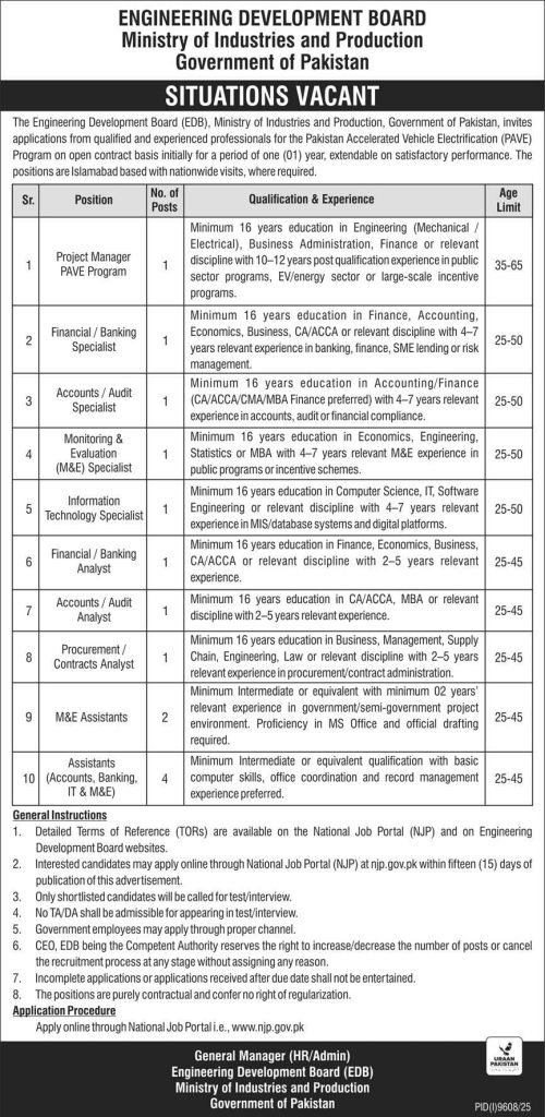 Engineering development board  Ministry of  Production  and Industries Jobs 2026