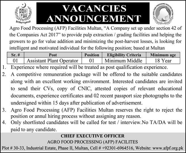 Agro Food Processing Facilities  Multan Jobs 2026